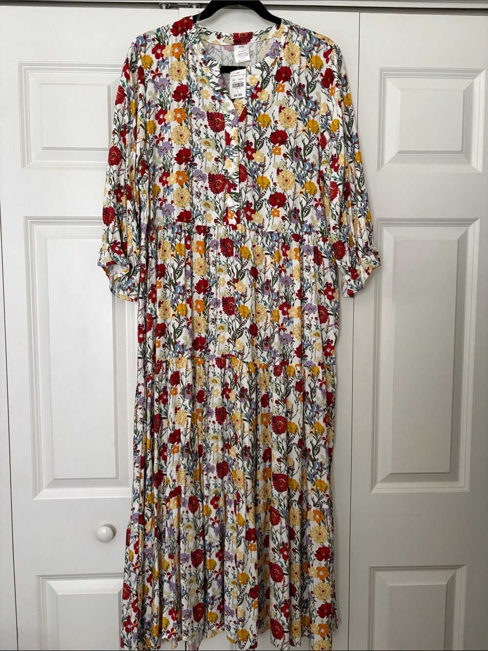 Cracker Barrel White Maxi Dress with Red, Yellow & Purple Floral Print